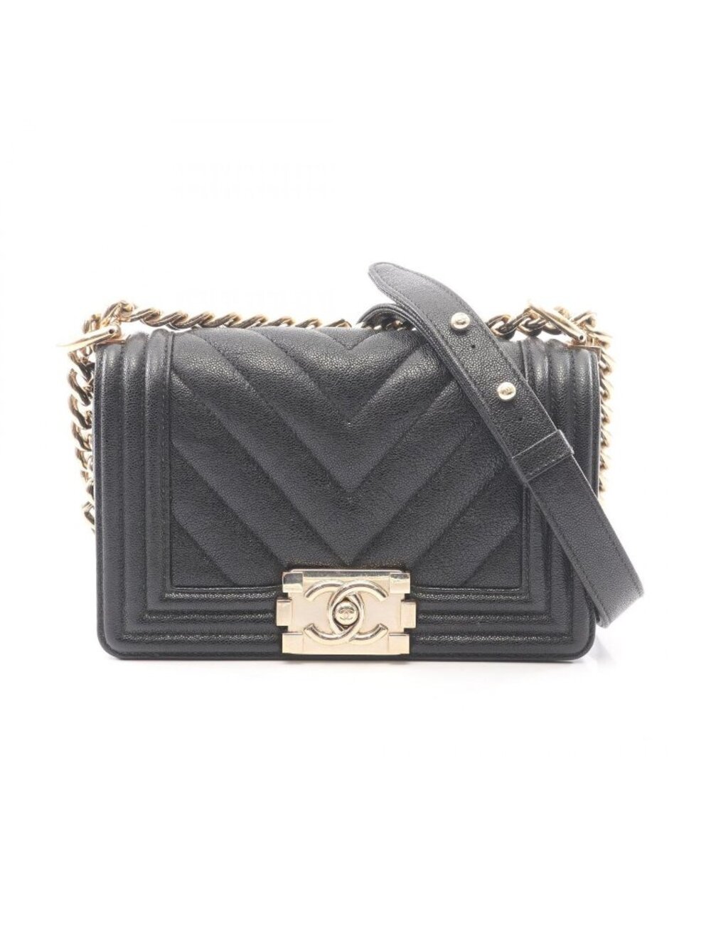 Chanel Shoulder Bag Boy Small Black Caviar Leather Boy Stitch Chain